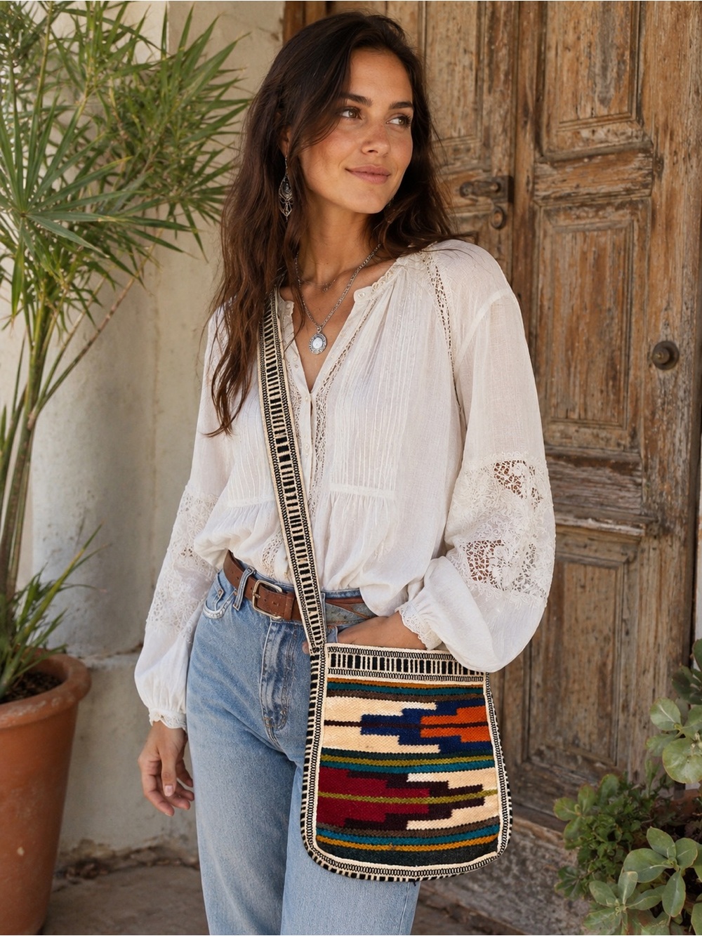 Vintage Wool Woven Crossbody Bag Boho Southwestern Tapestry Indian blanket
